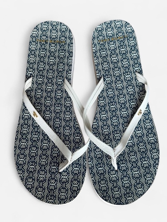 Tory Burch Shoes - Tory Burch Navy Patterned Footbed with White Straps Flip Flops